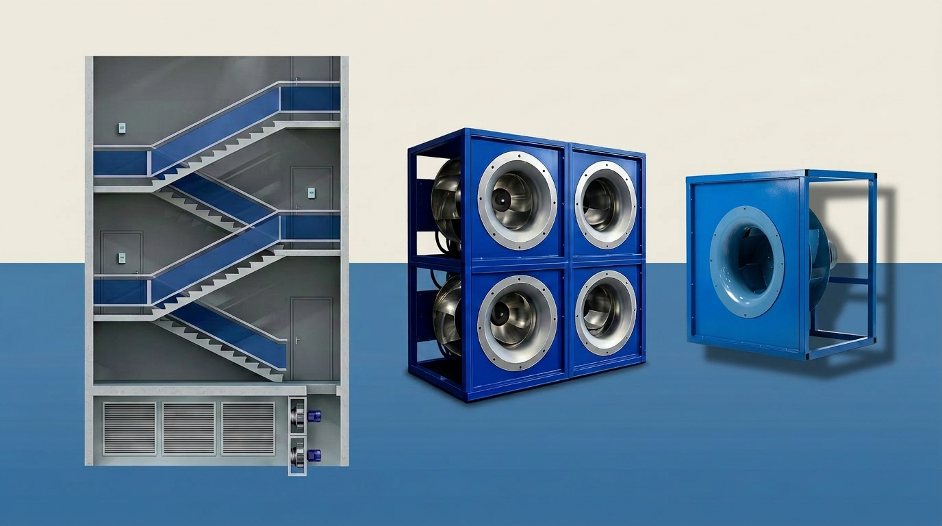 Diagrama de pressurização de escada enclausurada com Plenum Fan, quadro e sensor STG-DPC